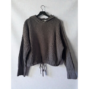 Lucky Brand Gray Textured Knit Hoodie Sweater L Drawstring Hem Winter Cozy
